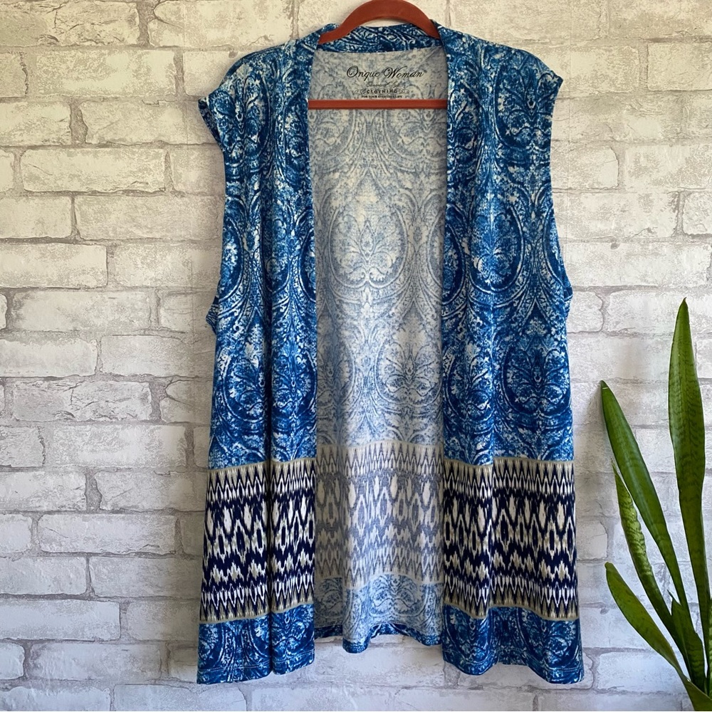 Once Woman Element Of Style Blue Black Abstract Print Cardigan Plus Size 3X